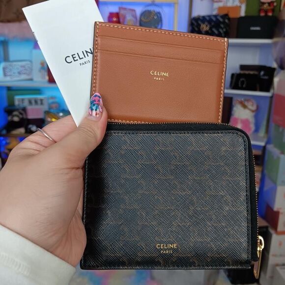 Celine Zip TRIOMPHE Canvas Wallet W/ Lamb Skin Leather Brown Card Holders Set - Picture 2 of 13